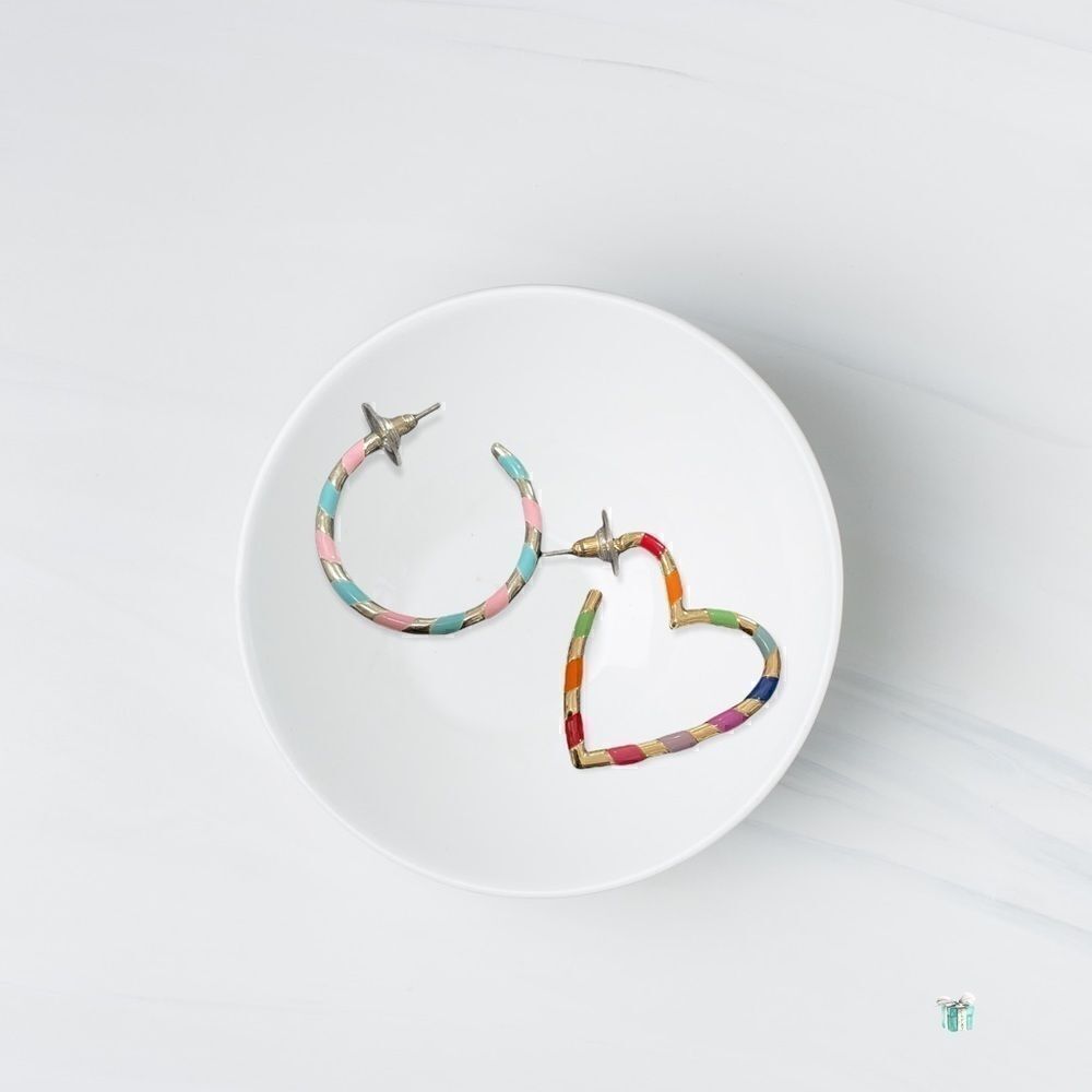 Rainbow Heart + Circle Hoop Mismatched Earring Set